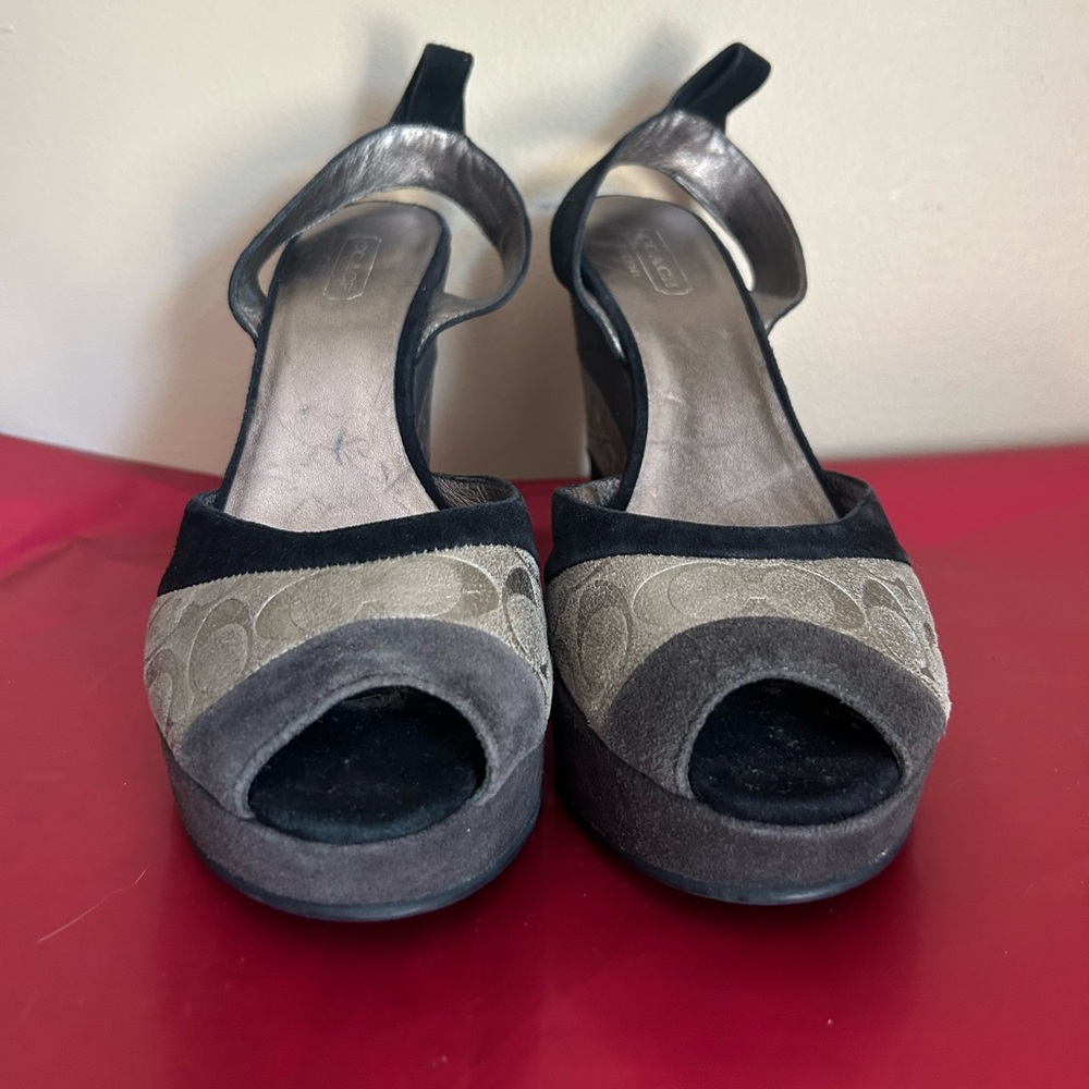 Coach Black and Silver Suede Wedge Sandals - Picture 9 of 13